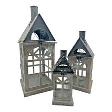 ?️ Set of 3 Rustic Metal House Lanterns – Distressed Grey Finish Candle Holders