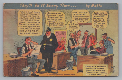 Postcard comic police - , bench