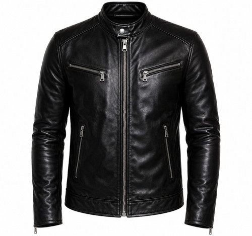 Men black faux biker jacket - faux,