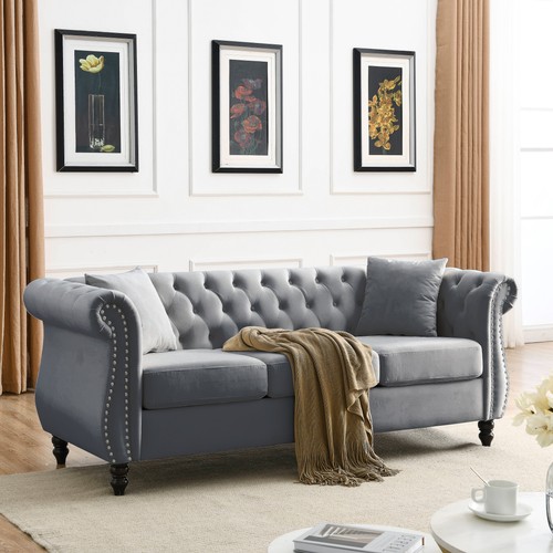 Grey velvet chesterfield - 80",