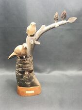 Carved Buffalo Horn Birds Sculpture with Wooden Base