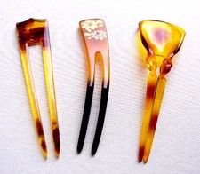 3 Vintage Japanese celluloid hair pins kanzashi geisha hair accessories (AGX)