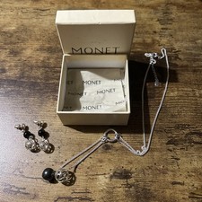 Vintage Monet 925 Silver Y Drop Necklace  & Stud Dangle Earring Set with Box