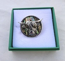 BROOCH-PAUA SHELL HIGHLAND COW BROOCH  By Tide Jewellery 34mm Wide New & Boxed