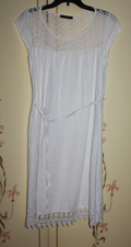 Fab Italian 100% Linen Lace yoke Summer Dress tie waist White UK 8 Romeo Giulia
