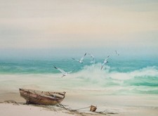 Original Watercolour , 'Rowing boat on a Sandy Beach', 1970's, Unknown Artist