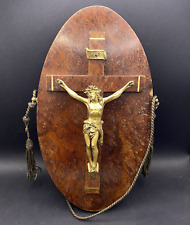 Antique Crucified Christ 28cm Wooden Wall Plaque Gilt Metal Jesus Wood Crucifix