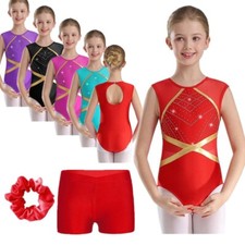 UK Girls Sparkle Gymnastics Leotard Sleeveless Bodysuit with Shorts Hair Tie