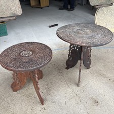 Vintage 1970s Indian Hand Carved Sheesham Wood Occasional/Plant Folding Table x2