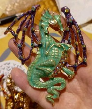 BROOCH Large DRAGON Green ENAMEL Purple STATEMENT Fab CRYSTAL Sparkly 