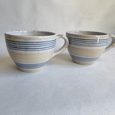 Pair of Vintage Blue & White Striped Stoneware Cups Rustic Farmhouse Kitchenware