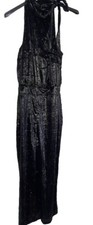 Zara Black Shiny Metallic Velvet Style Wide Leg Jumpsuit Halter Neck Bow Size XS