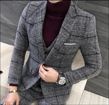 Mens Wool Blend Tweed Tartan Suit 3 Pieces Jacket Blazer Waistcoat Trousers