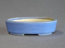 Japanese Bonsai Pot Tokoname AIBA KOYO 5.3"(13.4cm) Light Blue Glazed Oval G643