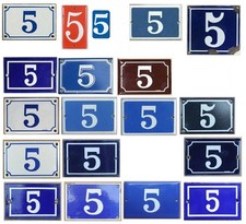 Old blue red brown French house number 5 door gate plate enamel sign - pick