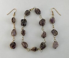 BOXED HANDCRAFTED GOLD PLATED WIRE WRAPPED AMETHYST BRACELET & DROP EARRINGS