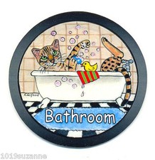 Bengal cat art sign bathroom door from original painting by Suzanne Le Good