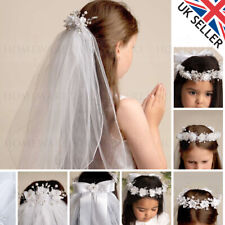 Girls Two Tier Veil First Holy Communion Pearl Diamanté Flowers Bow Satin White