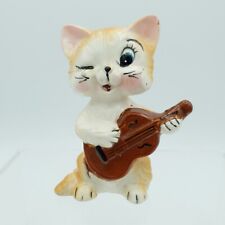 Vintage cat Figurine playing a fiddle, novelty ginger cat ornament winking Japan