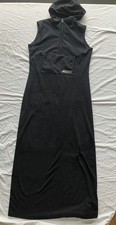 True vintage 90s Long Black fleece dress Hood Rave wear Pocket Here & There C&A