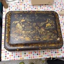 Antique 1850-1899 ? Oriental Lacquerd Games Box Paw Feet Tray Draughts Dominoes 