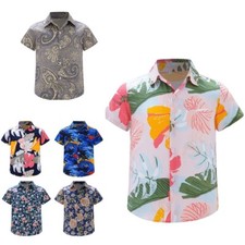 Kids Boys Button Down Hawaiian Shirt Floral Print Dress Shirts Casual Beach Tops