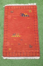 Vintage Gabbeh Rug Handwoven Wool Tribal Symbols Pale Red Field Middle Eastern