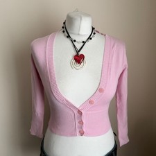 Jane Norman Pink Cropped Cardigan Y2K 2000s Ribbed Knit Top Size 8