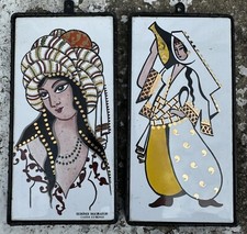 Vintage Pair Kitsch Turkish Folk Cahide Keskiner Art Wall Hanging Tiles MCM