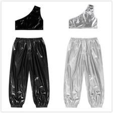 UK Girls Sport Outfits Hip Hop Costume One Shoulder Crop Top with Waist Pants