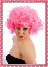Womens Hot Pink Frenchy Curly WIG 50s Pink Ladies Wig Hair Fancy Dress Costume