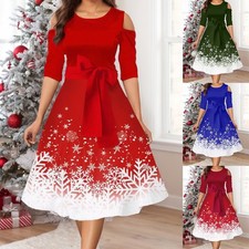 Mrs Claus Women Christmas Midi Fancy Dress Cold Shoulder Swing Party Costume