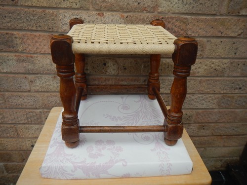 Vintage wooden woven footstool - vintage,