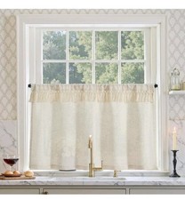 TOPICK Linen Blend Kitchen Curtains 36" Drop Small Cafe Light Tassels Beige 