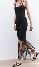 ZARA black sleeveless fringe knit ribbed tassel maxi dress/ size S 8/  NEW