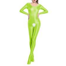 UK Women Oil Shiny Glossy Bodystocking Hollow Out Long Sleeve Bodysuit Catsuit