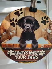 Black labrador puppy bathroom sign. Lightweight metal wall plaque. 8in diam