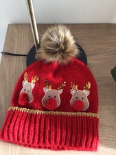 Christmas Cute Cosy Red Bobble Hat with Pom Pom Adult Size Reindeer’s Hat Xmas