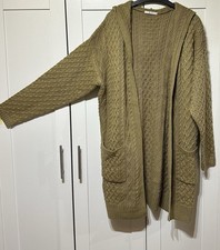 TU  SIZE 14 -  CHUNKY KNIT HOODED LONG CABLE CARDIGAN - OLIVE MUSTARD GREEN  NEW