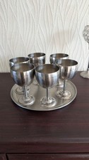 6 Vintage Metal Goblets - Stainless Steel Wine Goblets - 1970s - 5” GC