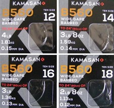Kamasan B560 Spade End Barbed Fishing Hooks To Nylon - Sizes 12, 14, 16, 18, 20