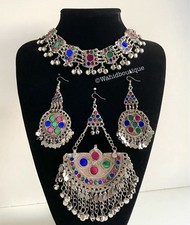 Afghan 3 piece multicolour side tikka headpiece jewellery set, Afghan jewellery