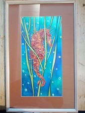 Silk Art. SEAHORSE By Linda Maddock, Isles Of Scilly. Professionally Framed.