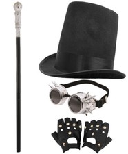 4 PIECE STEAMPUNK COSTUME TOP HAT GOGGLES CANE GLOVES SCI FI VICTORIAN OUTFIT