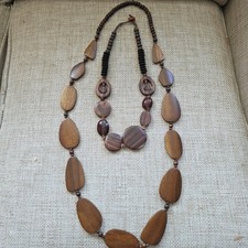 Two Vtg MCM Solid Wood Glass Seed Leather Cord Necklaces