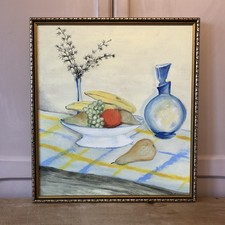 Vintage Kitchen Table Fruit Still Life Portrait Naive Oil Painting