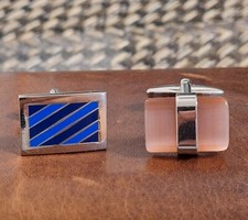 Vintage!?SILVER TONE CHROME CUFFLINKS, BLUE STRIPES & CATS EYE PINK GEM