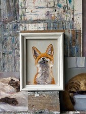 Original small  Oil Painting animal  smiling  Fox  7x5 inch UNFRAMED