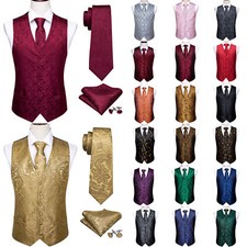 Barry Wang Mens Waistcoat  Paisley Floral Solid Vest Tie Set Wedding Casual