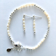 Cultured freshwater rice pearl and silver beaded bracelet and earring set